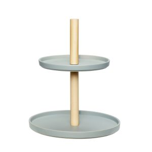 Étagère m/2 tallerkner, keramik/træ, grå/natur